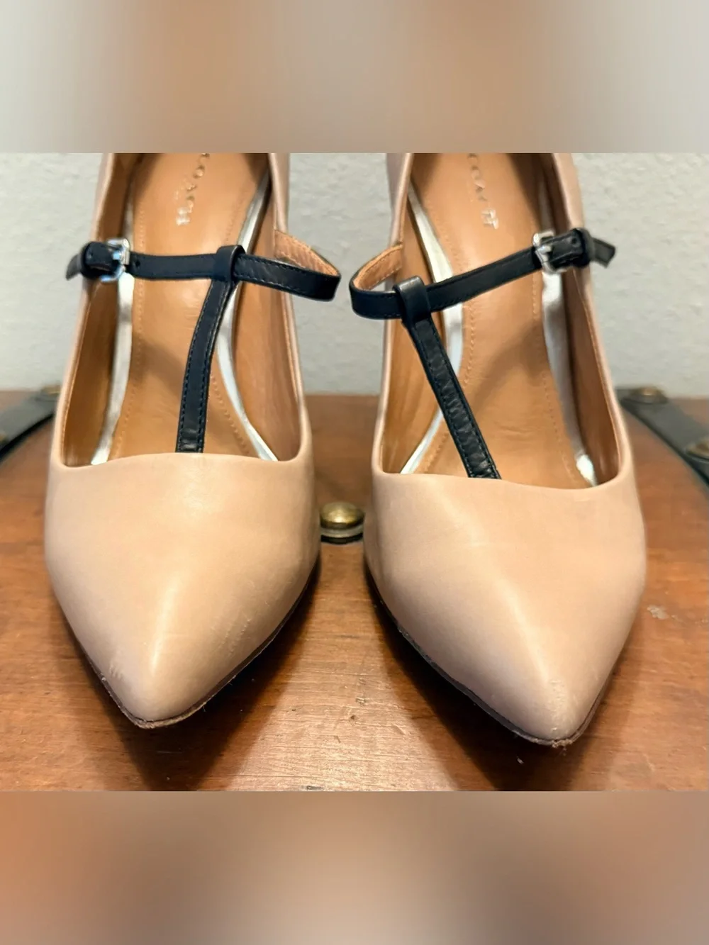 Coach Nude Pointed-Toe T-Strap Pumps with Black Straps